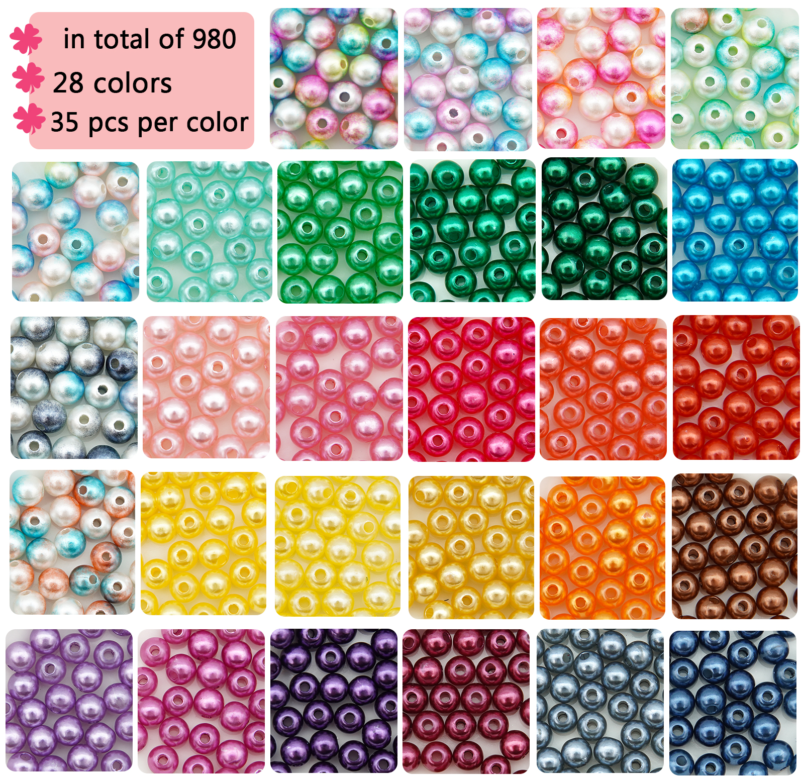 1000Pcs Pearl Beads for Jewelry Making 28 Colors 8mm Pearl Beads with  Charms Multicolor Round Spacer Pearl Beads for Bracelets Necklaces Earrings