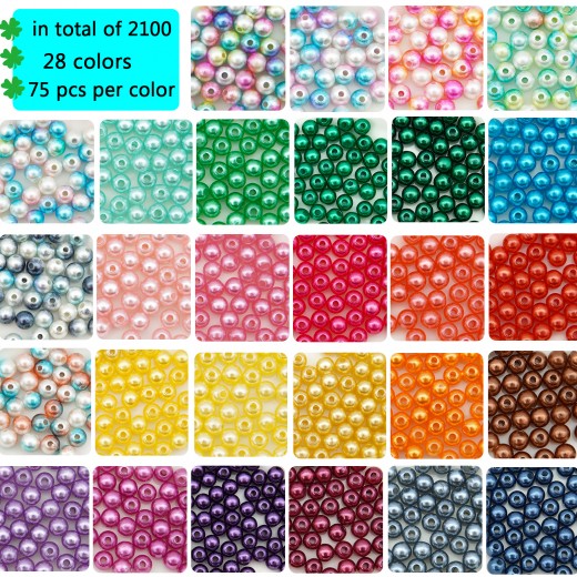 2100 Pcs 6MM Pearl Beads for Jewelry Making, 28 Colors ABS Round Faux Mermaid Pearls Beads with Hole Handcrafted Loose Spacer Beads for DIY Craft Necklace Bracelet Phone Lanyard Wedding Decor (6MM)