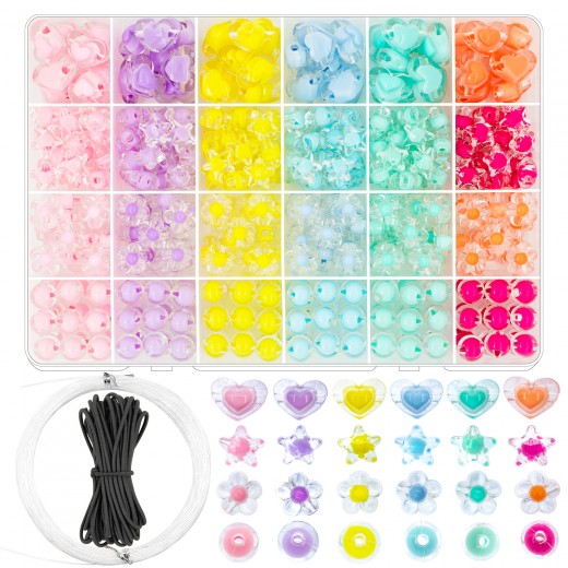 400 Pcs Acrylic Star Beads Heart Beads in Large Size with Hair Rope, Assorted Candy Color Flower Round Plastic Bead for Hair Braids Phone Lanyard Wrist Strap DIY Craft Bracelet Jewelry Necklace Making